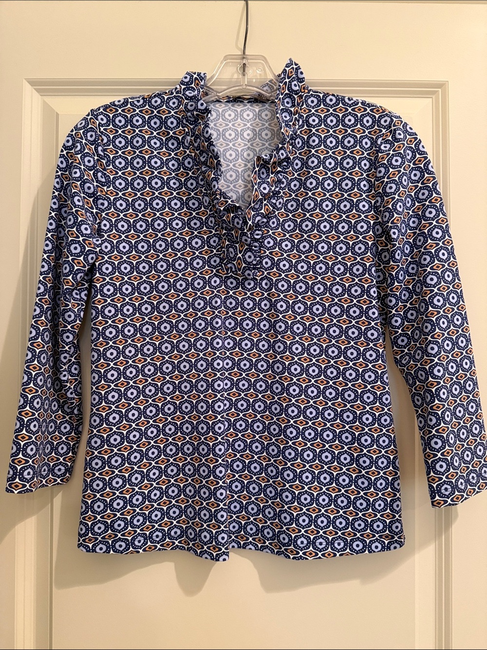 J. McLaughlin Blue and White Geometric Ruffle Collar top
